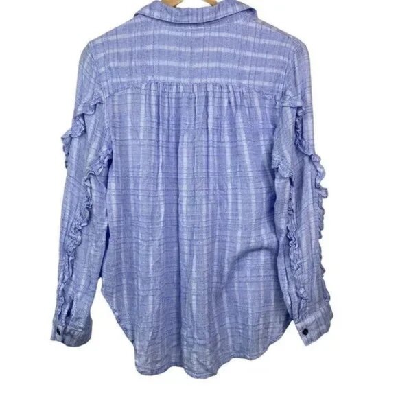 VINTAGE HAVANA BLUE PLAID LONG SLEEVE W/RUFFLES BUTTON FRONT SHIRT SMALL-EUC - Picture 3 of 6